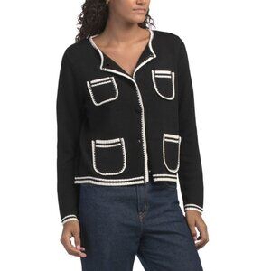 METRIC KNITS Black/Ivory Button Front Cardigan With Pockets